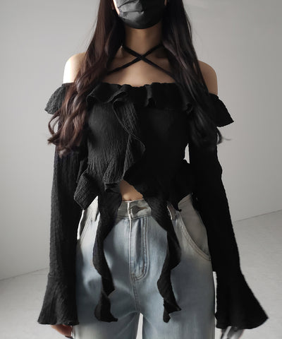 【 ２color 】クロスストラップリボンオフショルダーフリルブラウス ／ cross strap ribbon off shoulder frill blouse