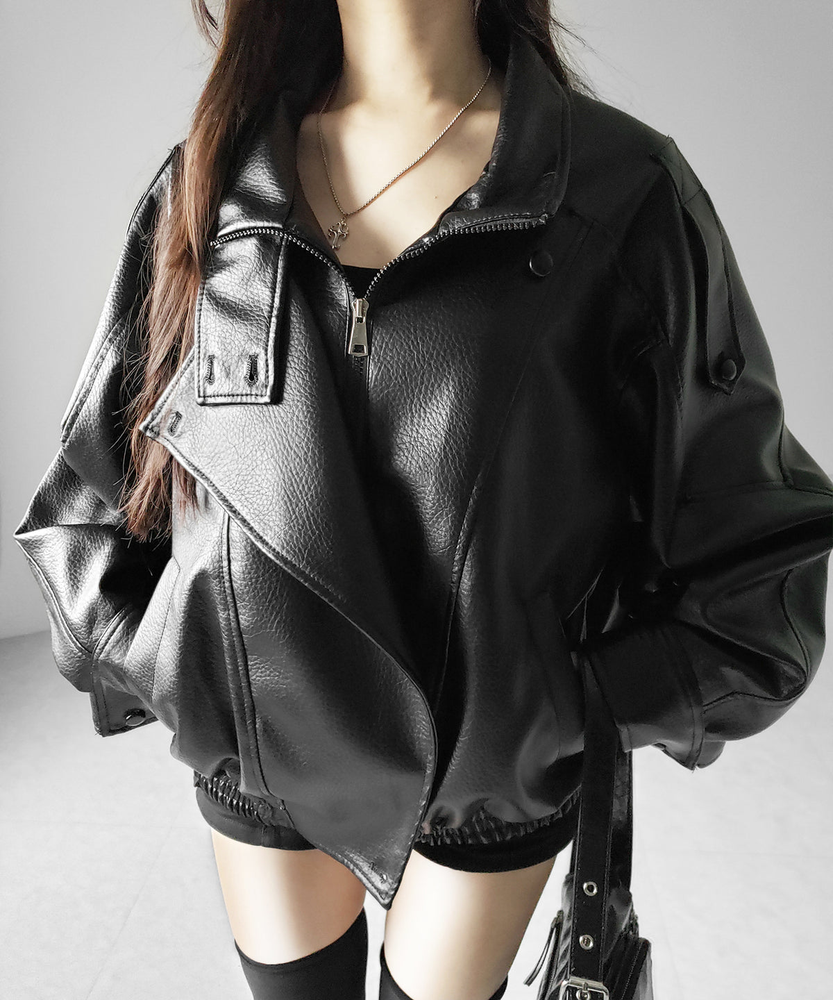 ヴィンテージフェイクレザースタンドカラージップアップブルゾン ／ 2WAY vintage fake leather stand collar zipup blouson