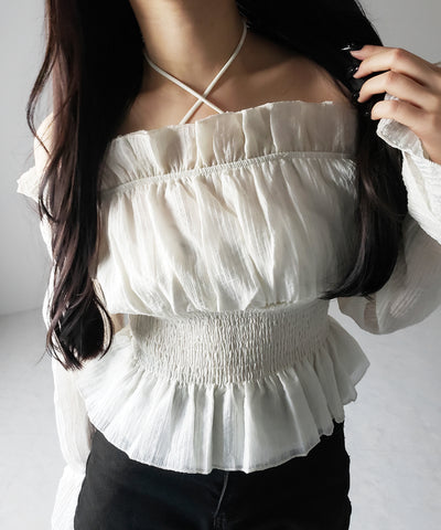 【 ２color ／ ２WAY 】ウエストシャーリングシアーフリルオフショルブラウス ／ waist shirring sheer frill off shoulder blouse