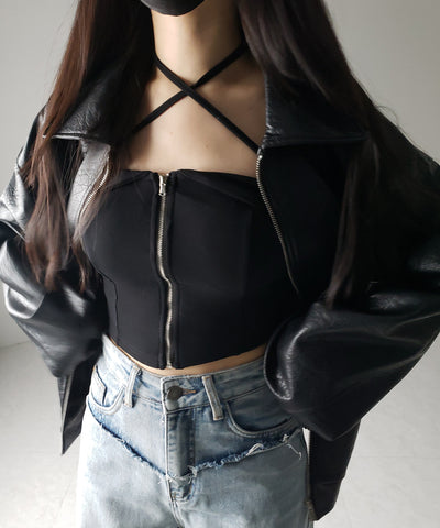 【 ２WAY／ カップ付 】ジップアップクロスストラップリボンベアトップス ／ zip up cross strap ribbon bare tops