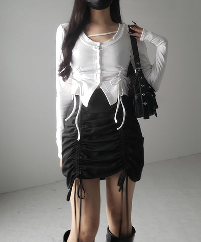 【 ２color ／ 裏起毛 】ナナメストラップダブルシャーリングリボントップス ／ naname strap double shirring ribbon tops