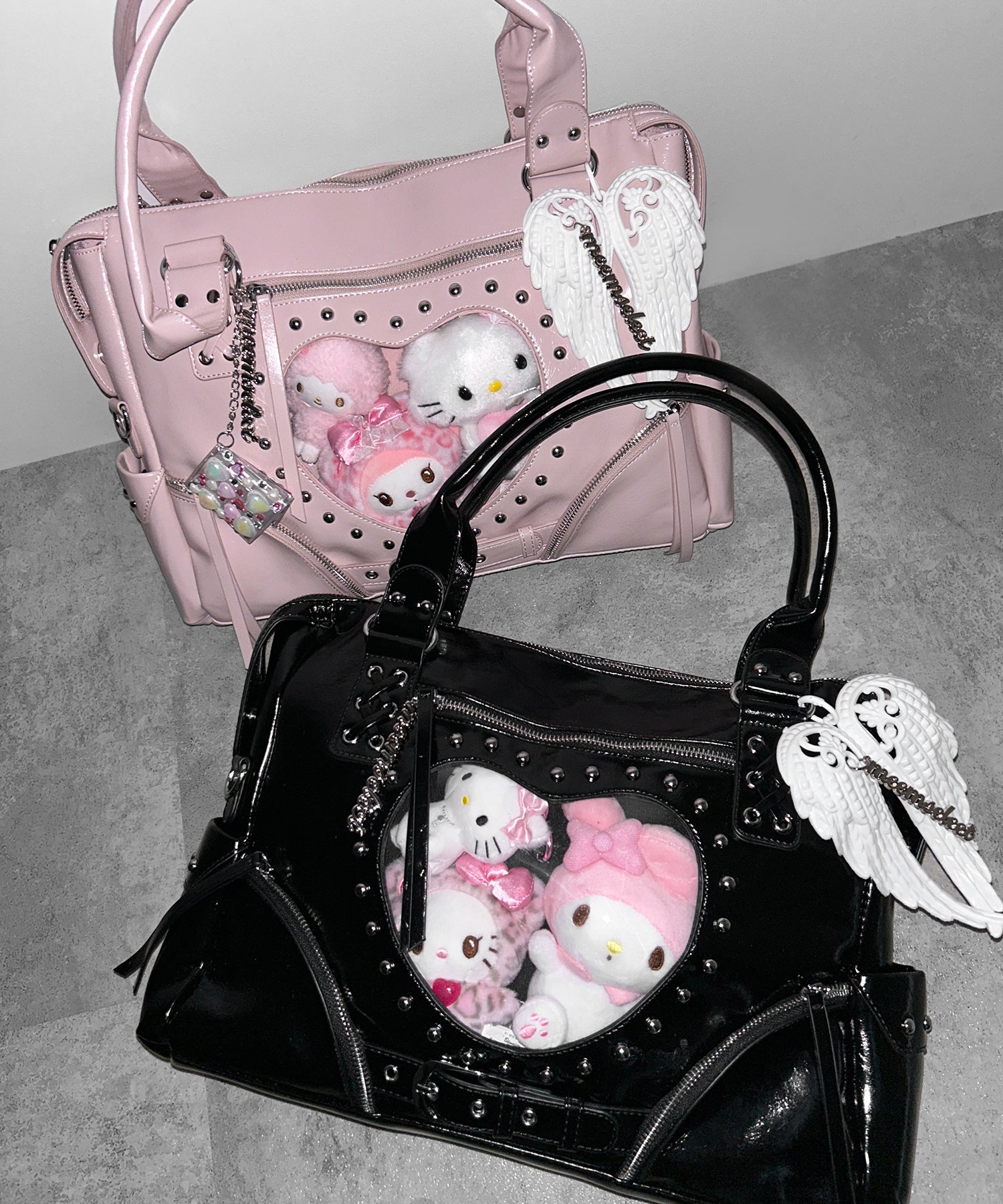 【 限定先行販売 】ハートクリアポケットスタッズフェイクレザートートバッグ ／ heart clear pocket studs fake leather tote bag