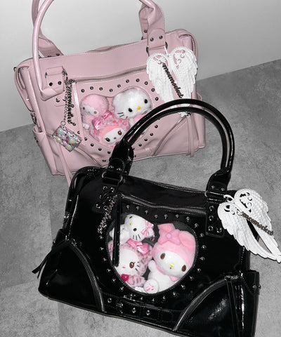 【 限定先行販売 】ハートクリアポケットスタッズフェイクレザートートバッグ ／ heart clear pocket studs fake leather tote bag