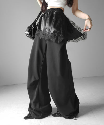 レースドッキングレイヤードスウェットワイドパンツ ／ lace docking layered sweat wide pants