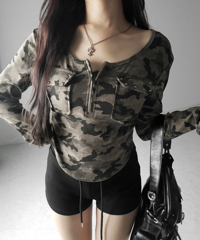 ヴィンテージカモフラアウトポケットジップロンT ／ vintage camouflage out pocket zip longsleeve T-shirt