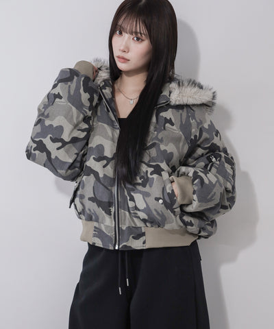 カモフラフェイクファーフーディ中綿ジャケット ／ camouflage fake fur hoodie down jacket