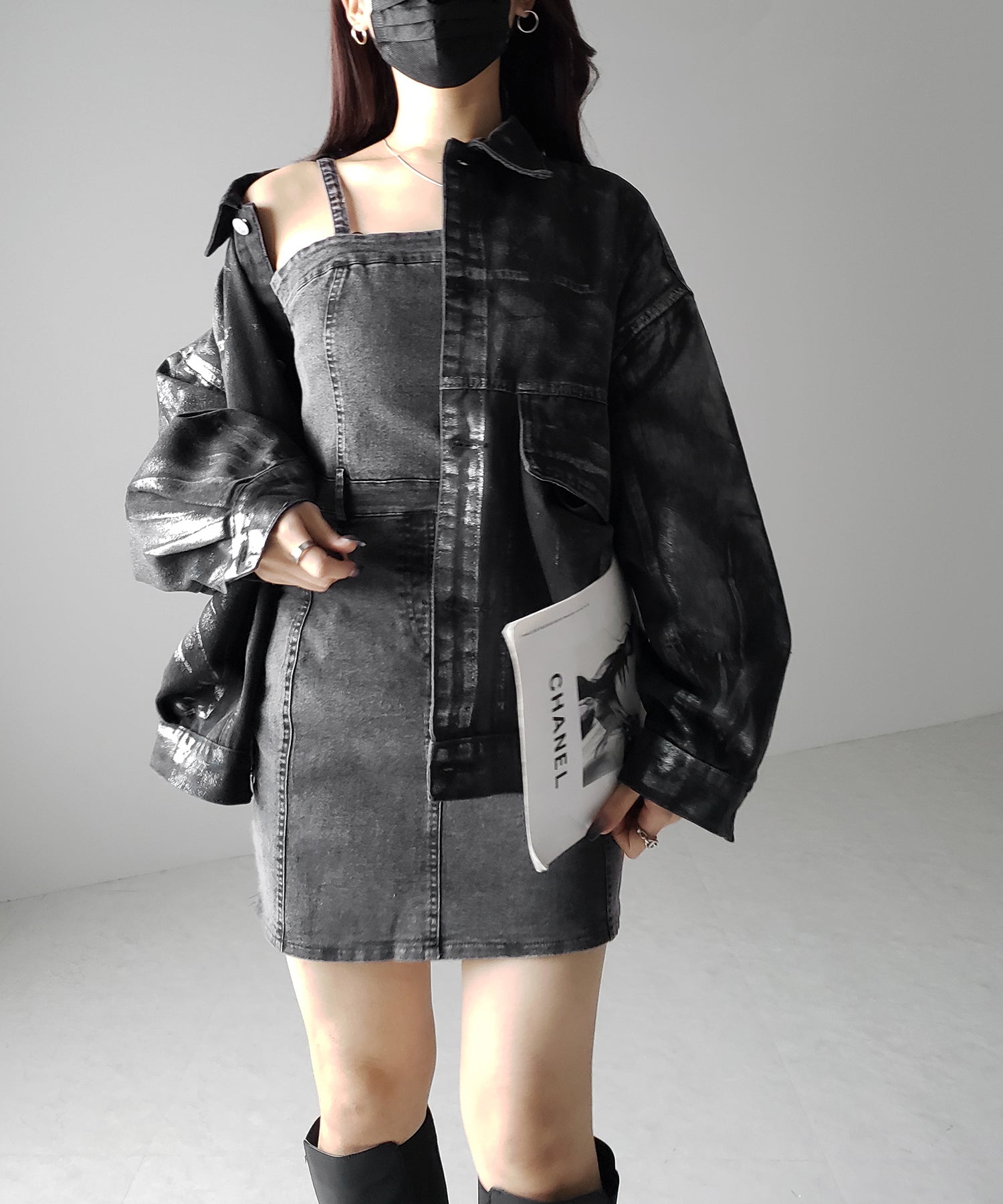 【 ２color 】ウォッシュデニムハイウエストミニキャミワンピース ／ wash denim high waist mini cami onepiece
