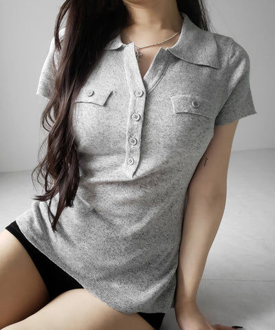 スキッパーボタンロングシアーニットトップス ／ skipper button long sheer knit tops