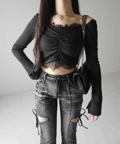 【 ２color 】レースドッキングシャーリングショートカットソートップス ／ lace docking shirring short cutsew tops