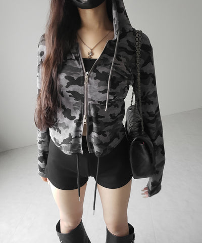 ヴィンテージカモフラダブルジップカットパーカー ／ vintage camouflage double zip cut hoodie