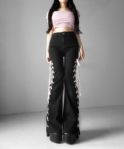 サテンリボンレースアップカットアウトストレッチフレアデニム ／ satin ribbon laceup cutout stretch flare denim