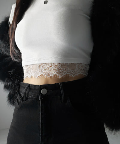 【 裏起毛 】裾レースドッキングショートＴシャツ ／ hem lace docking short Tee