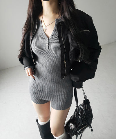 【 セットアップ 】ヘンリーネックスリムリブニットトップス＆ニットショートパンツ SET ／ henley neck slim rib knit tops ＆ knit short pants SET