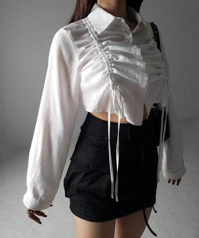 【 ３color 】ダブルリボンシャーリングショートシアーシャツ ／ double shirring ribbon short sheer shirts