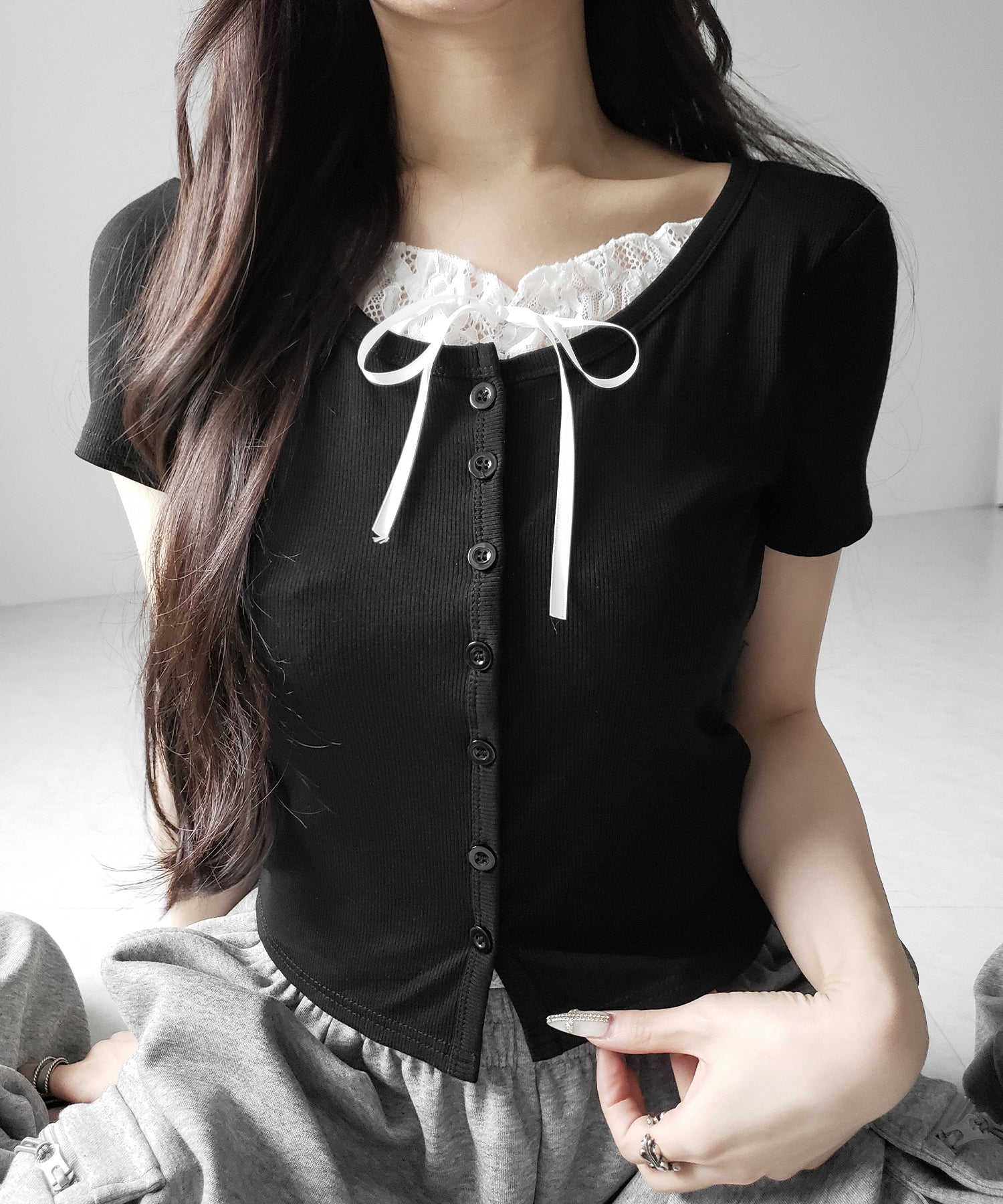 フロントリボンレースレイヤード半袖リブトップス ／front ribbon lace layered short sleeve rib tops