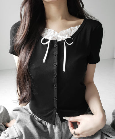 フロントリボンレースレイヤード半袖リブトップス ／front ribbon lace layered short sleeve rib tops