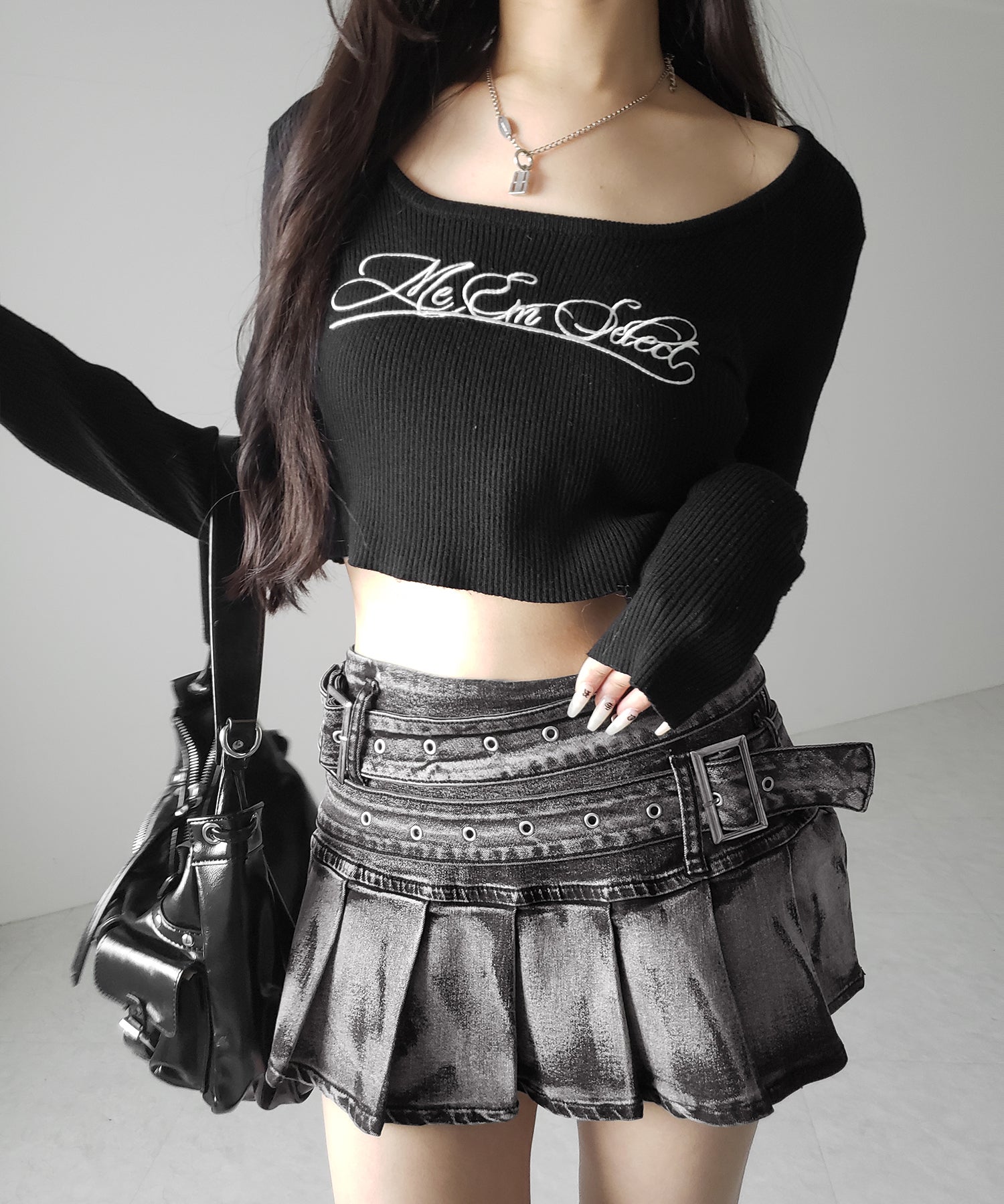 【 インパン裏地付 】ダブルベルトヴィンテージデニムプリーツミニスカート ／ double belt vintage denim pleats mini skirt