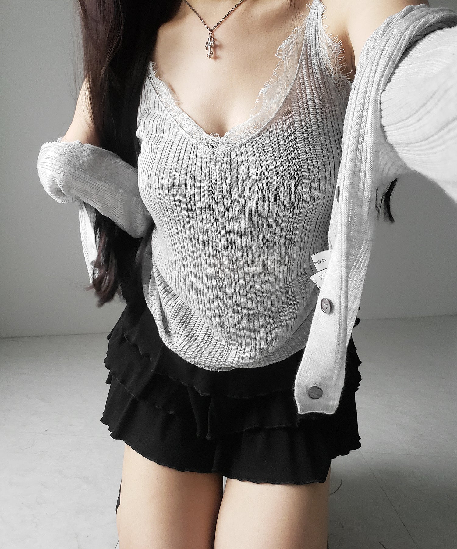 【 ２点セット 】レースニットキャミソール ＋ シアーニットカーディガン SET ／ lace knit camisole + sheer knit cardigan SET