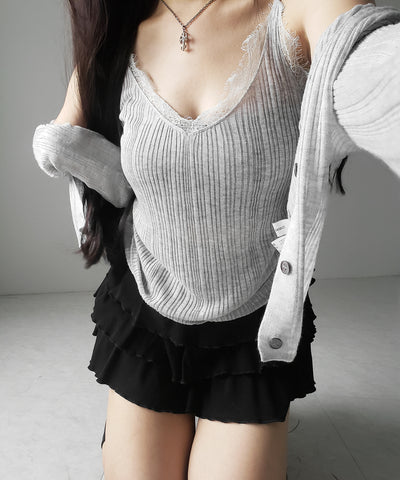 【 ２点セット 】レースニットキャミソール ＋ シアーニットカーディガン SET ／ lace knit camisole + sheer knit cardigan SET
