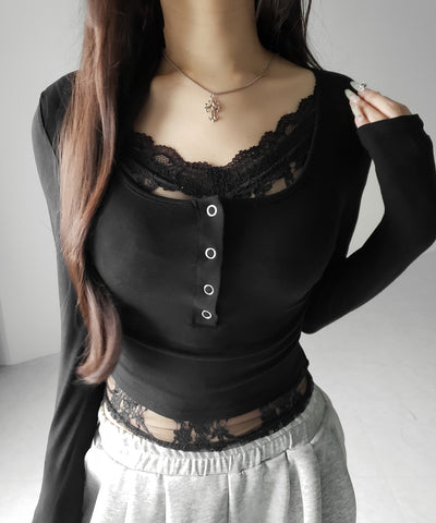 【 人気アイテムの長袖verが新登場！ 】レースレイヤードヘンリーネックスクエア長袖Ｔシャツ ／ lace layered henley neck square long sleeve T-shirt