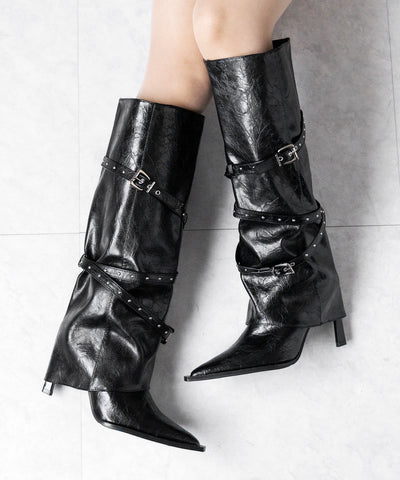 ヴィンテージレザーベルテッドロングカバーブーツ ／vintage leather belted long cover boots