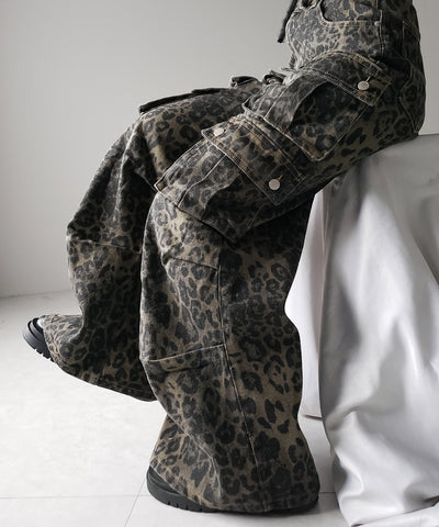 【 ２color ／ ４size 】レオパードヴィンテージタックワイドカーゴデニム ／ leopard vintage tuck wide cargo denim