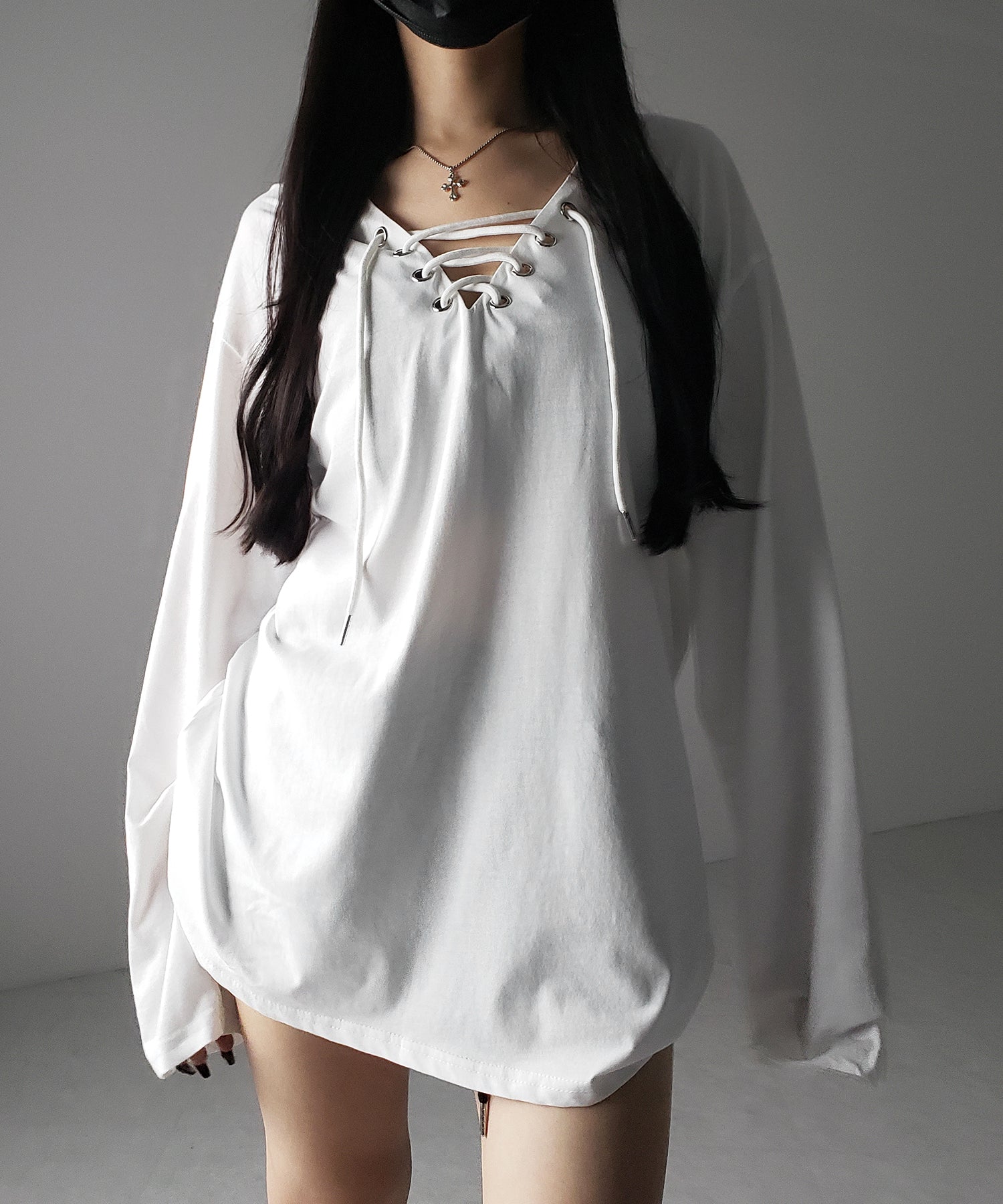 【 ２color 】レースアップルーズシルエット長袖ビッグTシャツ ／ laceup loose silhouette long sleeve big T-shirt