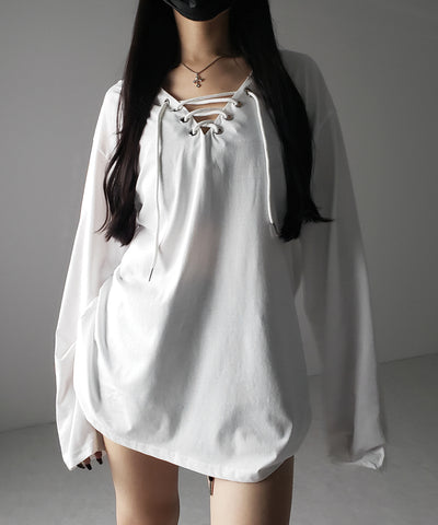 【 ２color 】レースアップルーズシルエット長袖ビッグTシャツ ／ laceup loose silhouette long sleeve big T-shirt