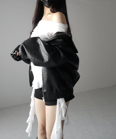 【 ２color 】アシンメトリーフリルオフショルシアートップス ／ asymmetrical frill off-shoulder sheer tops