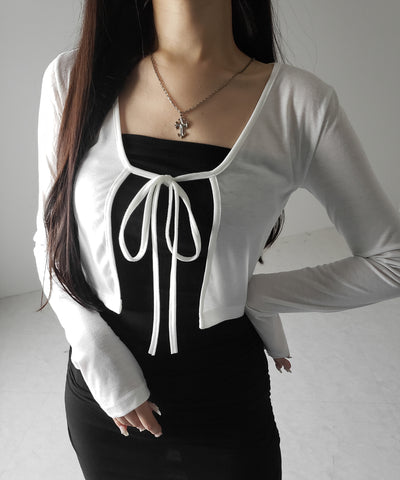 【 ２color 】フロントリボンカットソーショートカーディガン ／ front ribbon cutsew short cardigan