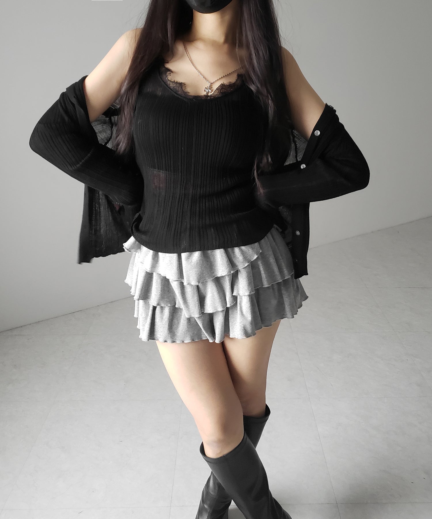 【 ２点セット 】レースニットキャミソール ＋ シアーニットカーディガン SET ／ lace knit camisole + sheer knit cardigan SET