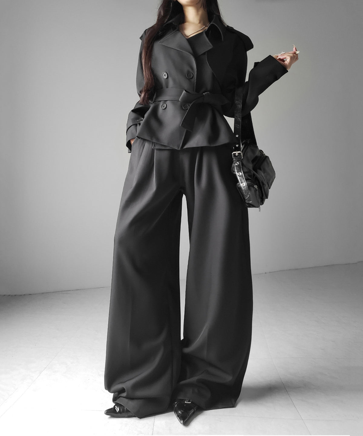 【 上下セットアップ 】ウエストマークショートトレンチコート ＋ タックワイドスラックスパンツ SETUP ／ Waist-mark short trench coat + tuck wide slacks pants