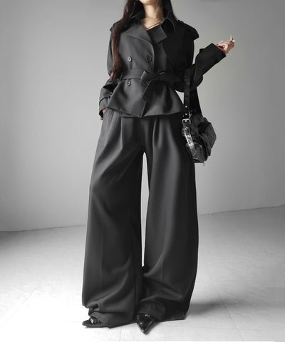 【 上下セットアップ 】ウエストマークショートトレンチコート ＋ タックワイドスラックスパンツ SETUP ／ Waist-mark short trench coat + tuck wide slacks pants