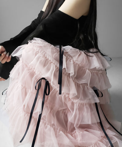 【 新色ピンク追加！／５color 】ストラップリボンバレエコアチュールスカート ／strap ribbon ballet core tulle skirt