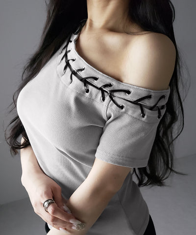 ヴィンテージカットアウトレースアップ半袖ワンショルリブトップス ／ vintage cutout laceup short sleeve one shoulder lib tops