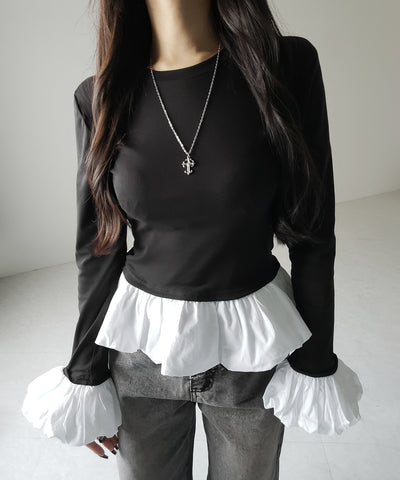 【 ２color 】裾バルーンフリルカットソートップス ／ hem balloon frill cutsew tops