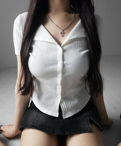 フロントボタン半袖リブカーデトップス ／ front button short sleeve lib cardigan tops