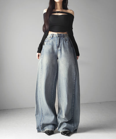 ヴィンテージライクウォッシュカーブワイドデニム ／ vintage like wash curve wide denim