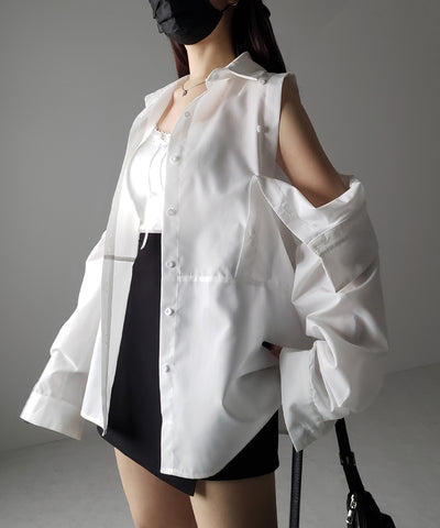【 ３color 】オープンショルダーカットアウトビッグシャツ ／ open shoulder cutout big shirt