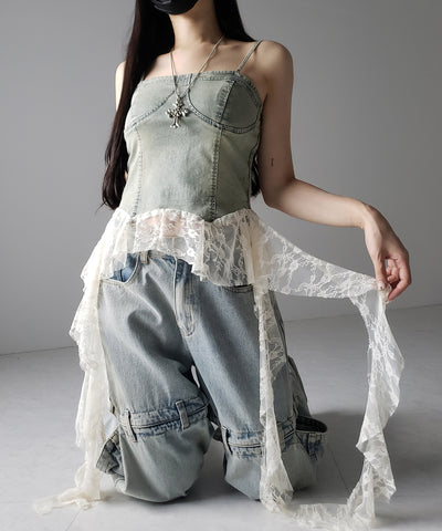 【 ２color 】ヴィンテージライクレースフリルデニムビスチェ ／ vintage like lace frill denim bustier