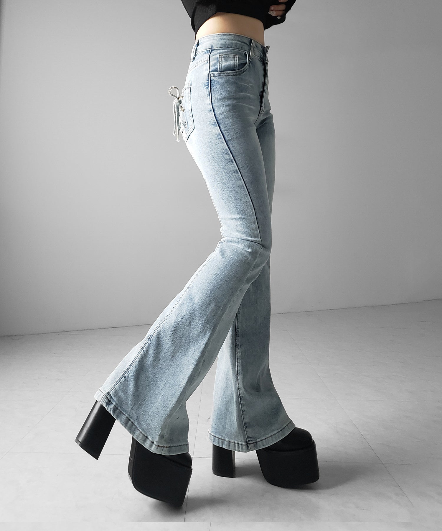【４size 】バックリボンレースアップ美脚ストレッチフレアデニム ／ back ribbon lace up slim leg stretch flare denim