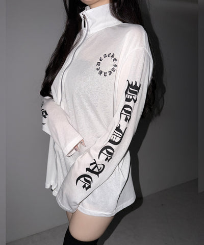 グランジロゴスタンドジップアップオーバーシアートップス ／ grunge logo stand zipup over sheer tops