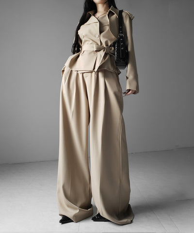 【 上下セットアップ 】ウエストマークショートトレンチコート ＋ タックワイドスラックスパンツ SETUP ／ Waist-mark short trench coat + tuck wide slacks pants