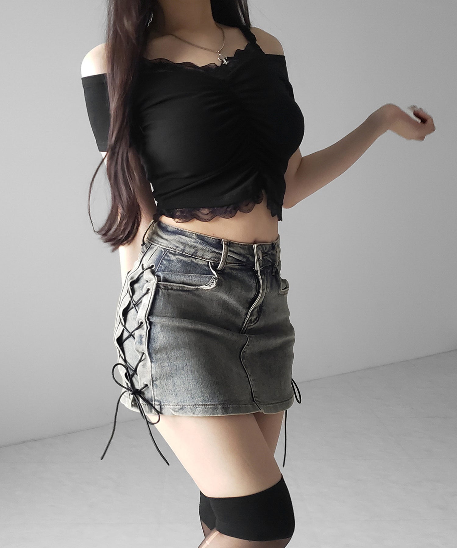 レースアップストレッチデニムミニスカパン ／ lace up stretch denim mini skirt pants