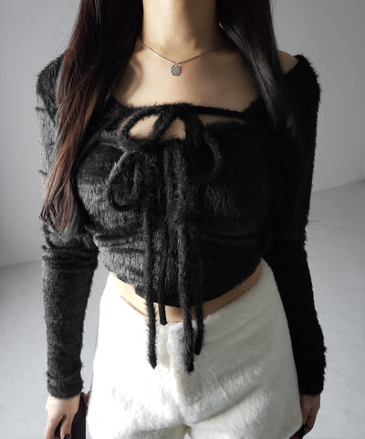 【 ２点セット 】シャギーリボンベアトップス ＆ ショートシャギーカーディガン SET ／ Shaggy ribbon bare tops & short shaggy cardigan