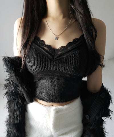 【 カップ付き 】ダブルレースシャギーファーショートビスチェキャミソール ／ double lace shaggy fur short bustier camisole
