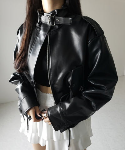 【 ２WAY 】スタンドカラーベルテッドフェイクレザーショートブルゾン ／ stand collar belted fake leather short blouson