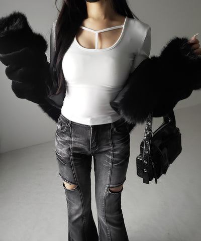 【 裏起毛 】カットアウトストラップスリムカットソートップス ／ cutout strap slim cutsew tops