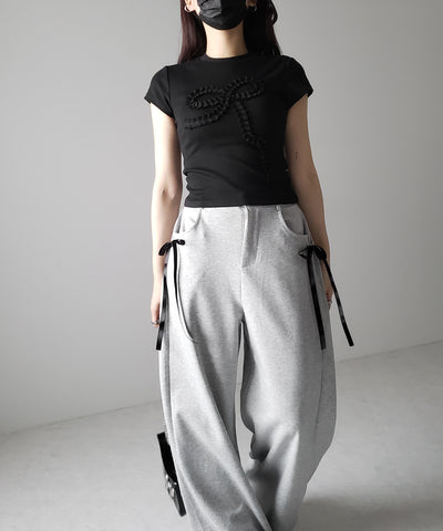 【 ３color 】フリルリボンモチーフスリムＴシャツ ／ frill ribbon motif slimT-shirt