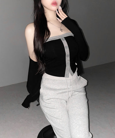 【 ２点セット 】バイカラーボタンベアトップス＆ショートカーディガン SET ／ bicolor button bare top & short cardigan SET